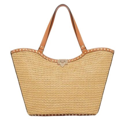 VALENTINO ROCKSTUD WOVEN RAFFIA SHOPPING BAG