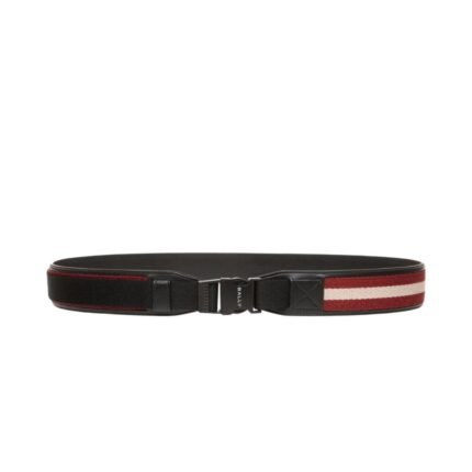 BALLY TOBYN 40MM BELT IN RED,WHITE AND BLACK FABRIC AND LEATHER