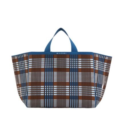 MARNI BLUE AND BROWN JACQUARD CHECK SILLO MEDIUM SHOPPER
