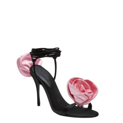 MAGDA BUTRYM DOUBLE PINK FLOWER HEEL SANDALS IN BLACK SATIN