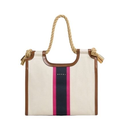 MARNI CREAM CANVAS MARCEL TOTE WITH STRIPED TAPE