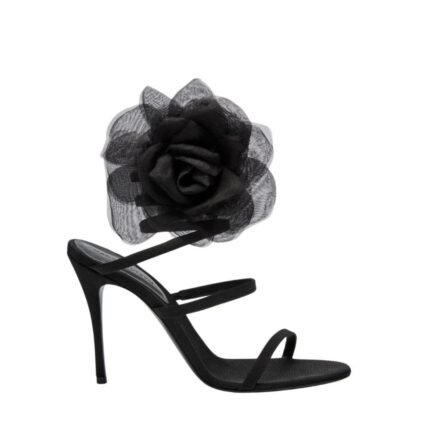 MAGDA BUTRYM SPIRAL SILK-ORGANZA FLOWER HEEL SANDALS IN BLACK