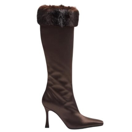 MAGDA BUTRYM TALL FAUX FUR SOCK BOOTS IN BROWN SATIN