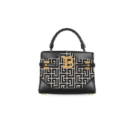 BALMAIN B-BUZZ 22 TOP HANDLE BAG IN LEATHER WITH JACQUARD MONOGRAM