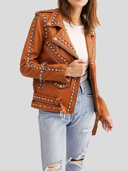MOTO BROWN STUDDED LEATHER JACKET