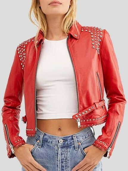 STUDDED RED CROPPED LEATHER JACKET