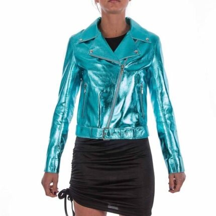 Metallic Turquoise Blue Women Leather Jacket