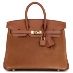 PRE-OWNED HERMÈS BIRKIN 25 CHAMOIS GRIZZLY AND GOLD SWIFT GOLD HARDWARE
