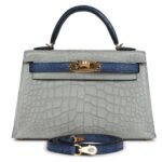 HERMÈS SPECIAL ORDER HSS KELLY SELLIER 20 GRIS PERLE AND BLEU DE MALTE MATTE ALLIGATOR GOLD HARDWARE