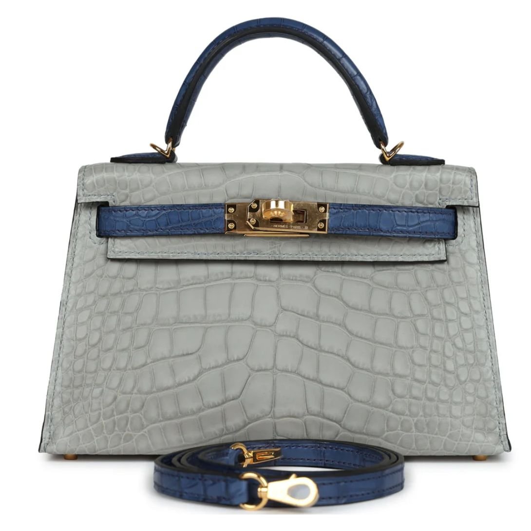 HERMÈS SPECIAL ORDER HSS KELLY SELLIER 20 GRIS PERLE AND BLEU DE MALTE MATTE ALLIGATOR GOLD HARDWARE