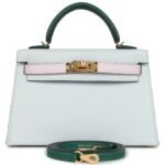HERMÈS KELLY SELLIER 20 TRI COLOR GRIS PLATINE MAUVE PALE AND VERT MOYEN EPSOM GOLD HARDWARE