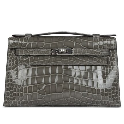 HERMÈS KELLY POCHETTE GRIS CIMENT SHINY ALLIGATOR PALLADIUM HARDWARE