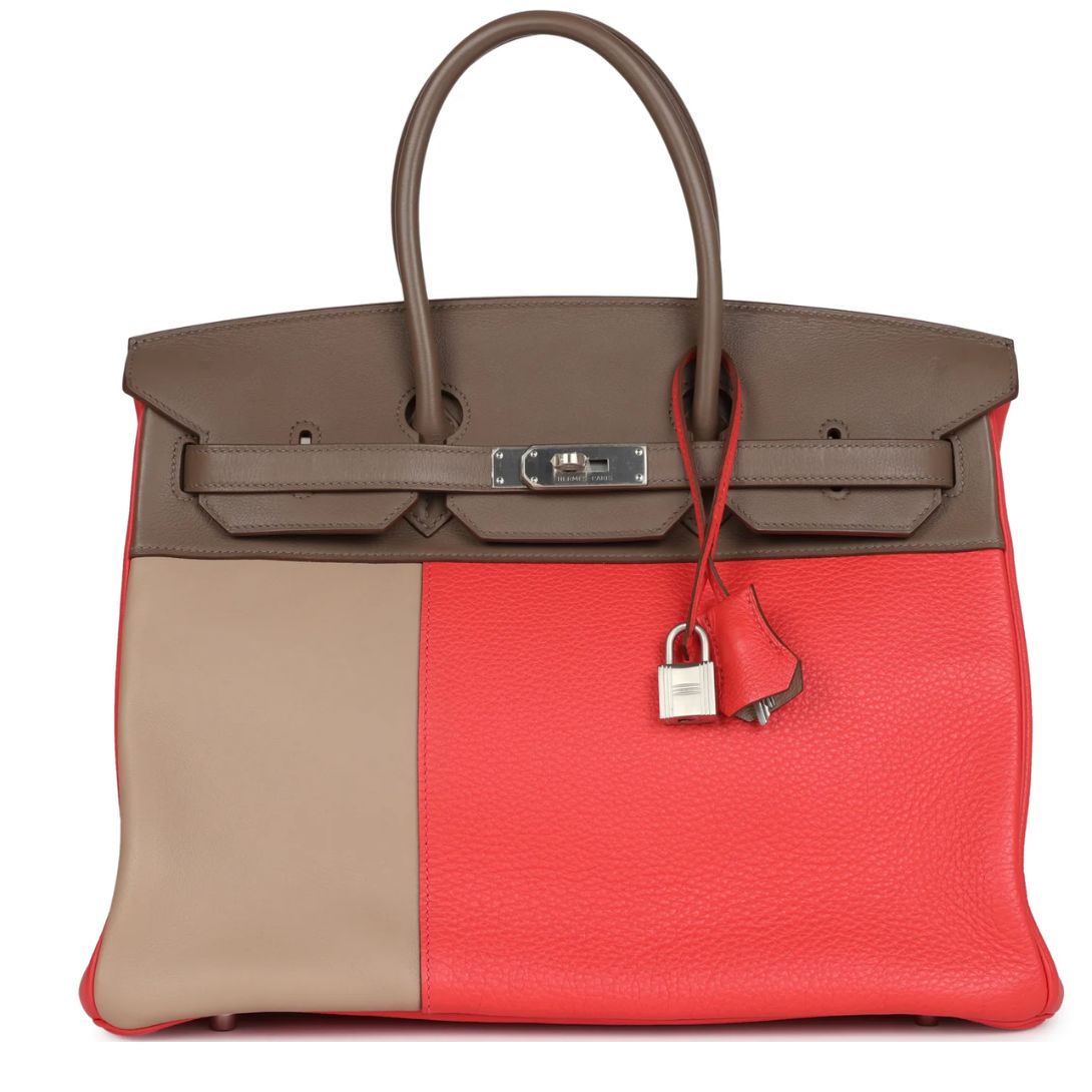 1 PRE-OWNED HERMÈS BIRKIN 30 CASCADE ROSE JAIPUR ETOUPE AND ARGILE SWIFT AND CLEMENCE BRUSHED PALLADIUM HARDWARE