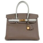 PRE-OWNED HERMÈS SPECIAL ORDER HSS BIRKIN 30 ETOUPE AND GRIS PERLE CHEVRE BRUSHED GOLD HARDWARE