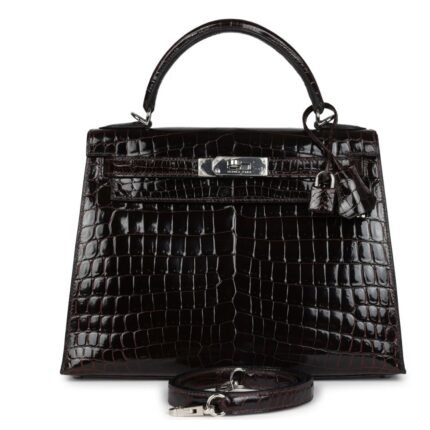 PRE-OWNED HERMÈS KELLY SELLIER 28 COCOAN SHINY NILOTICUS CROCODILE PALLADIUM HARDWARE