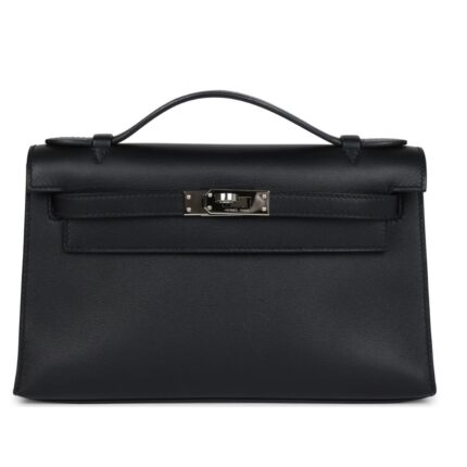 PRE-OWNED HERMÈS KELLY POCHETTE BLACK SWIFT PALLADIUM HARDWARE