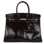 PRE-OWNED HERMÈS BIRKIN 35 COCAON SHINY POROSUS CROCODILE GOLD HARDWARE