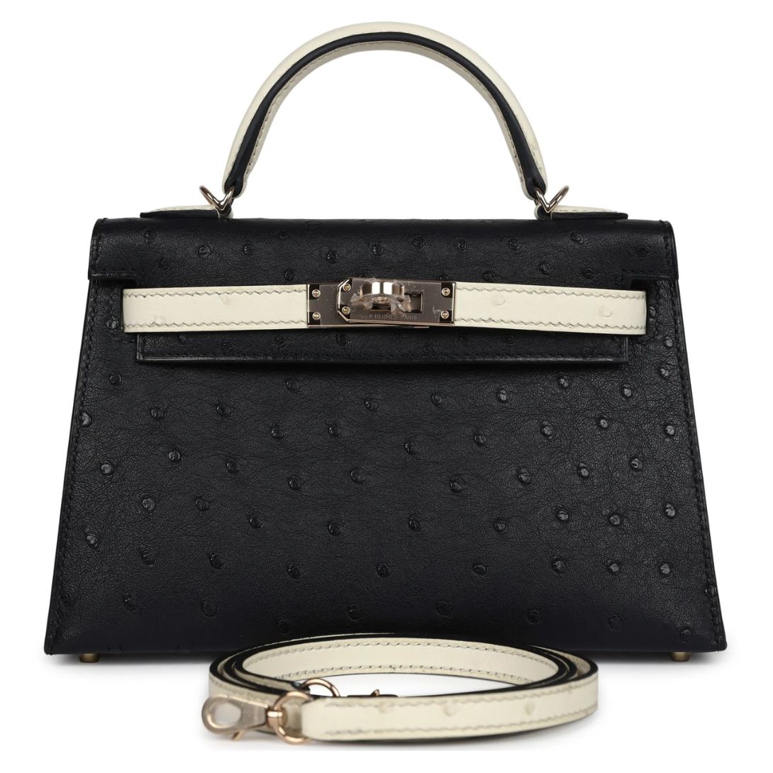 1 HERMÈS SPECIAL ORDER HSS KELLY SELLIER 20 BLACK AND BETON OSTRICH PERMABRASS HARDWARE