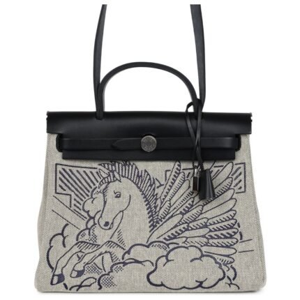 HERMÈS HERBAG ZIP PEGASE POP PM 31 ECRU TOILE H CANVAS AND BLACK HUNTER PALLADIUM HARDWARE