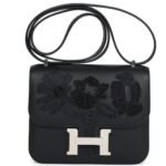 HERMÈS CONSTANCE 18 DANCING FLOWERS BLACK EMBROIDERED SWIFT PALLADIUM HARDWARE