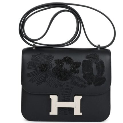 HERMÈS CONSTANCE 18 DANCING FLOWERS BLACK EMBROIDERED SWIFT PALLADIUM HARDWARE