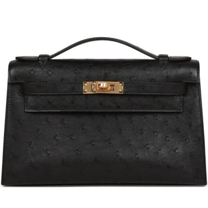 HERMÈS KELLY POCHETTE BLACK OSTRICH GOLD HARDWARE