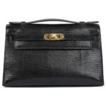 HERMÈS KELLY POCHETTE BLACK VARANUS NILOTICUS LIZARD GOLD HARDWARE