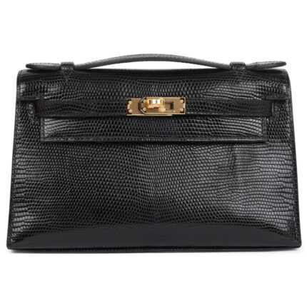 HERMÈS KELLY POCHETTE BLACK VARANUS NILOTICUS LIZARD GOLD HARDWARE