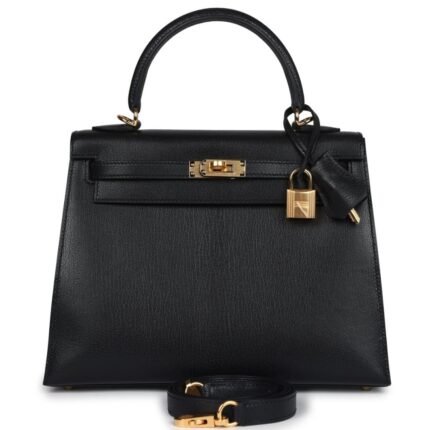 HERMÈS KELLY SELLIER 25 BLACK CHEVRE MYSORE GOLD HARDWARE