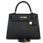 PRE-OWNED HERMÈS KELLY SELLIER 25 BLACK CHEVRE MYSORE GOLD HARDWARE