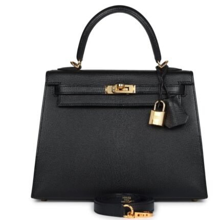 PRE-OWNED HERMÈS KELLY SELLIER 25 BLACK CHEVRE MYSORE GOLD HARDWARE