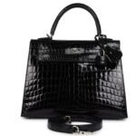 HERMÈS KELLY SELLIER 25 BLACK SHINY NILOTICUS CROCODILE PALLADIUM HARDWARE