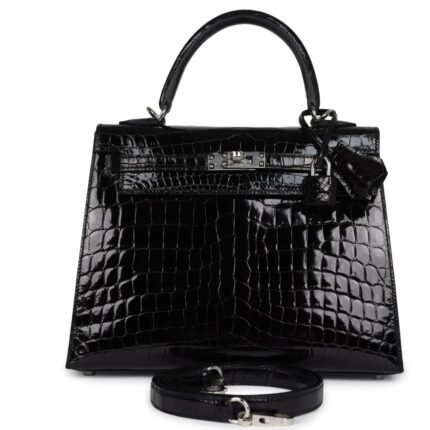 HERMÈS KELLY SELLIER 25 BLACK SHINY NILOTICUS CROCODILE PALLADIUM HARDWARE