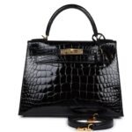HERMÈS KELLY SELLIER 28 BLACK SHINY ALLIGATOR GOLD HARDWARE