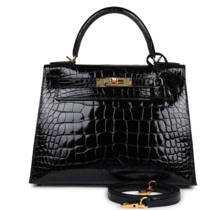 HERMÈS KELLY SELLIER 28 BLACK SHINY ALLIGATOR GOLD HARDWARE