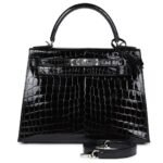 HERMÈS KELLY SELLIER 28 BLACK SHINY NILOTICUS CROCODILE PALLADIUM HARDWARE