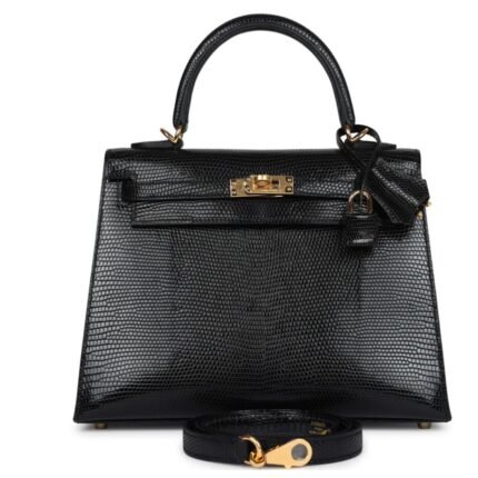HERMÈS KELLY SELLIER 25 BLACK VARANUS NILOTICUS LIZARD GOLD HARDWARE