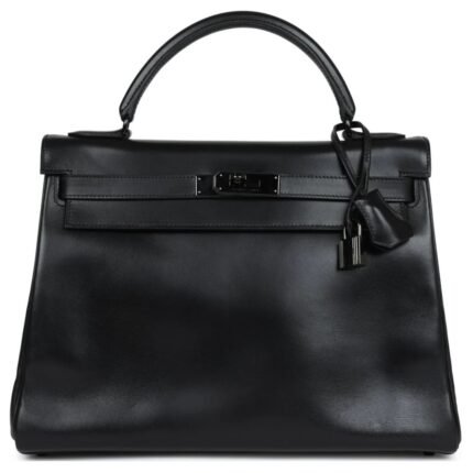 PRE-OWNED HERMÈS RARE KELLY RETOURNE 32 SO BLACK BOX BLACK HARDWARE