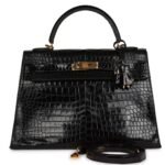 VINTAGE HERMÈS KELLY SELLIER 32 BLACK SHINY POROSUS CROCODILE GOLD HARDWARE
