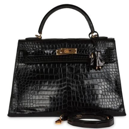 VINTAGE HERMÈS KELLY SELLIER 32 BLACK SHINY POROSUS CROCODILE GOLD HARDWARE