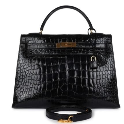 HERMÈS VINTAGE KELLY SELLIER 32 BLACK SHINY ALLIGATOR GOLD HARDWARE