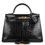 HERMÈS KELLY SELLIER 32 BLACK SHINY POROSUS CROCODILE GOLD HARDWARE