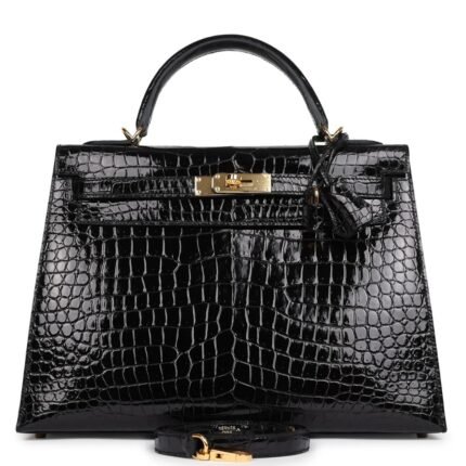 HERMÈS KELLY SELLIER 32 BLACK SHINY POROSUS CROCODILE GOLD HARDWARE