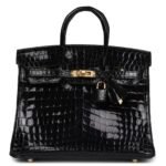HERMÈS BIRKIN 25 BLACK SHINY POROSUS CROCODILE GOLD HARDWARE