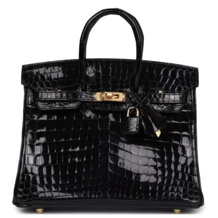 HERMÈS BIRKIN 25 BLACK SHINY POROSUS CROCODILE GOLD HARDWARE
