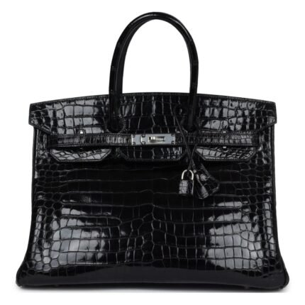 VINTAGE HERMÈS BIRKIN 35 BLACK SHINY POROSUS CROCODILE PALLADIUM HARDWARE