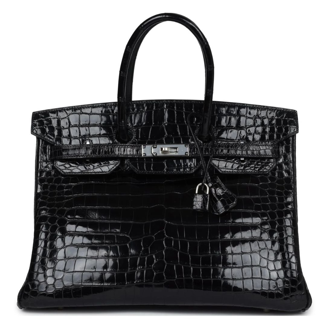 1 VINTAGE HERMÈS BIRKIN 35 BLACK SHINY POROSUS CROCODILE PALLADIUM HARDWARE