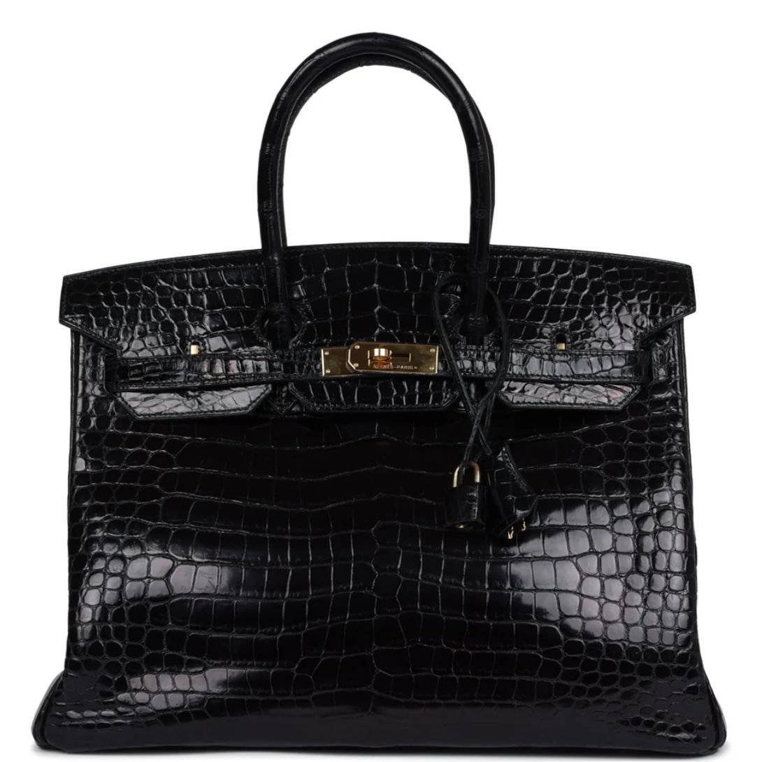 1 PRE-OWNED HERMÈS BIRKIN 35 BLACK SHINY POROSUS CROCODILE GOLD HARDWARE