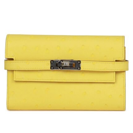 HERMÈS MEDIUM KELLY DEPLIANT WALLET JAUNE CITRON OSTRICH PALLADIUM HARDWARE