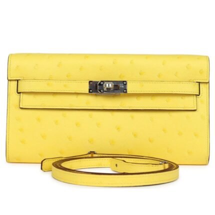 HERMÈS KELLY TO GO WALLET JAUNE CITRON OSTRICH PALLADIUM HARDWARE